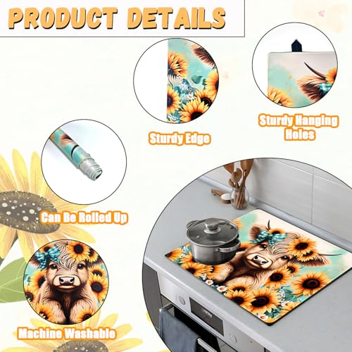Image of Sunflower Stove Top Cover for Electric Stove, Highland Cow Stove Cover, Spring Flower Range Cover, Glass Cooktop Covers 28x20 inch, Spring Summer Cooktop Cover for Kitchen Holiday Home Decor