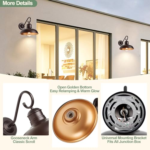 Image of GOLDHILL 10 Inch Farmhouse Gooseneck Barn Light with Gold Interior 1 Pack, Oil Rubbed Bronze Rustic Outdoor Wall Sconce for Garage Porch Bathroom Vanity, E26 Base, ETL Listed