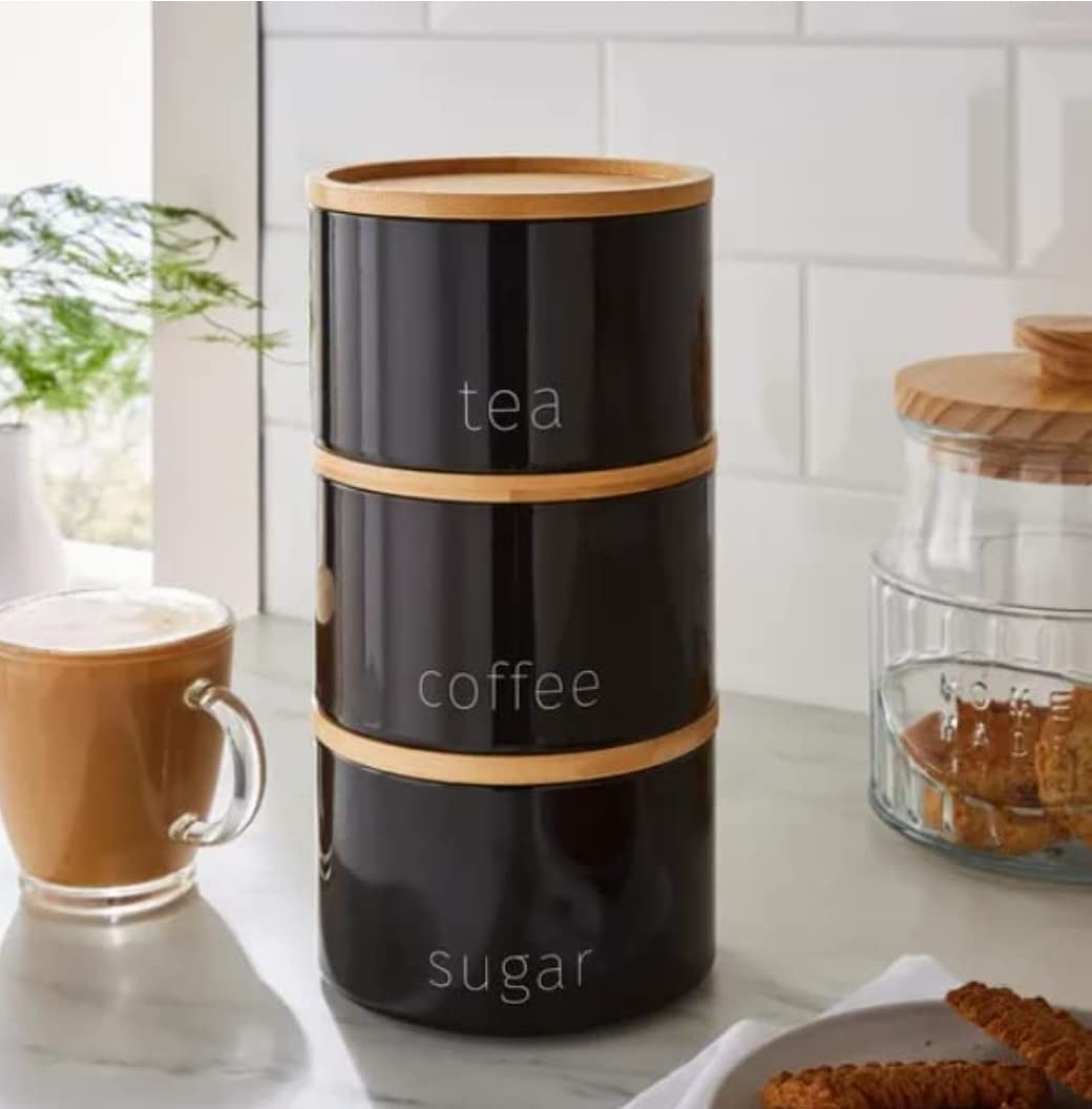 Ra-Homestore Grey Ra-Homestore® Boasting A Contemporary Design Tea, Coffee And Sugar Metal Stacking Canisters In Black
