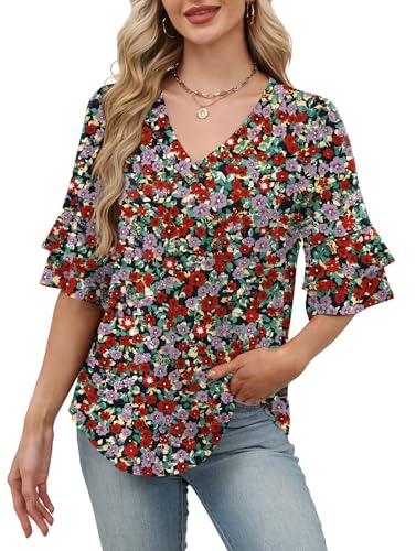 Image of OFEEFAN Spring Tops for Women Boho Shirts Fashion Clothing Cute 3 /4 Length Sleeve Blouses Dressy Casual Summer Outfits