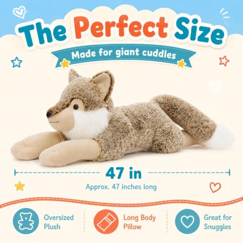 Image of BENINY 47 Inch Giant Wolf Stuffed Animal, Large Soft Wolf Plush Toy, Fluffy Stuffed Wolf Pillow for Kids, Birthday