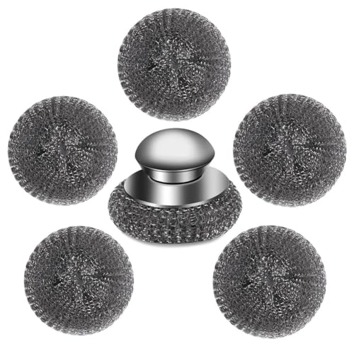 Jaqperd Juego de 6 Estropajos de Lana de Acero con, Acero Inoxidable para Cocina, Parrilla, Estufas. Incluye 1 Estropajo y 5 Almohadillas.