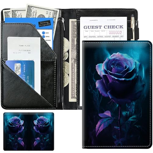 Art Blue Rose Cute Server Books for Waitress, Leather Waiter Book Server Wallet with Zipper Money Pocket, 5 * 8 Waitress Ticket Book Holder Restaurant Waitstaff Organizer with Pen Holder Fit