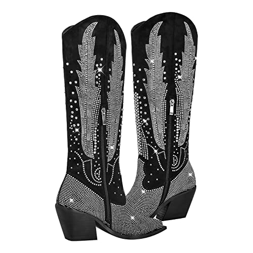 Women's Knee High Boots Cowboy Cowgirl Western Boots Rhinestone Bling Side Zipper Chunky Heel Fashion Shoes4