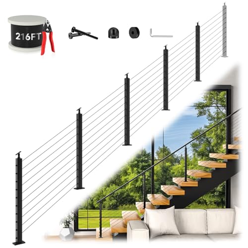Zylorix 36' Expandable 16-20FT Black T304 Cable Railing Post Kit, Complete Cable Railing System with 5 Stair Posts, 216ft 1/8' Wire Rope(No Handrail), Adjustable Length Easy DIY for 25-35°Stairway