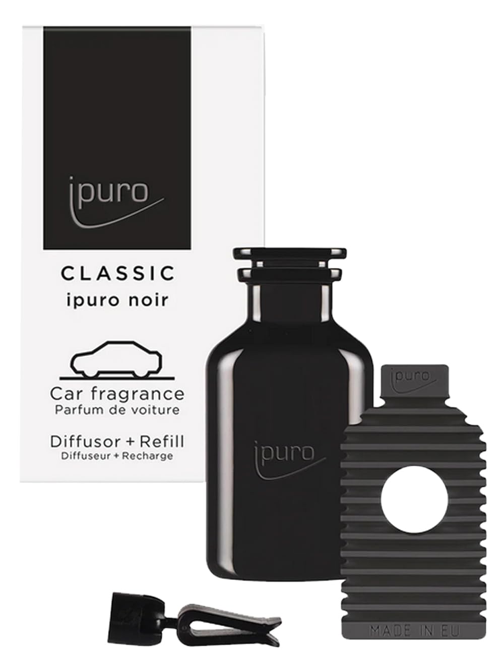 ipuro Classic Autoduft Clip Set - Autostecker Schwarz + Noir Refill - Autodiffusor für Lüftungsschlitze wiederverwendbar & austauschbar, Orientalischer Duft Eukalyptus Patschuli Sandelholz & Kokosnuss