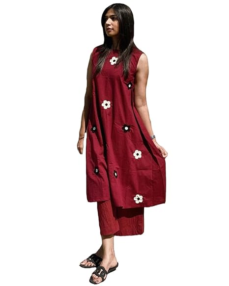 GoSriKi Women's Maroon Sleeveless Cotton Kurta Set with Floral Embroidery | Ethnic Wear for Office, Casual & Summer | Comfortable