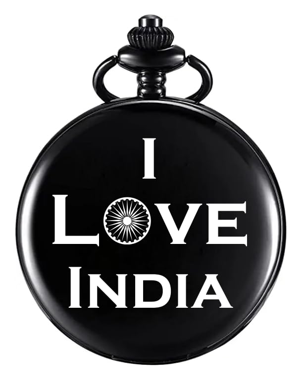 Image of Vintage Gandhi Style Pocket Watch with Engraved Designs & Messages Royal Black Analog for Men Women & Kids Includes Key Ring for car or Bike Keys Ideal Gift