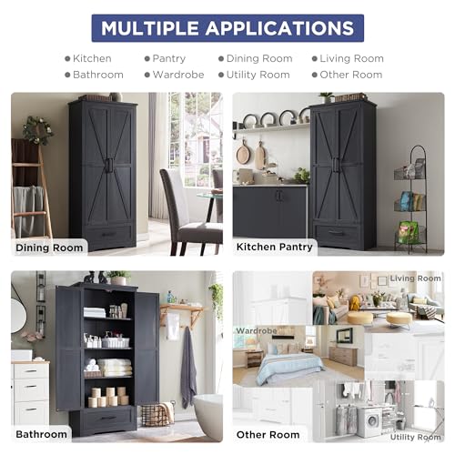 Farmhouse Kitchen Pantry Cabinet - 72" Tall Large Wood Kitchen Storage Cabinets with Adjustable Shelves & 2 Barn Doors & Drawer, Versatile Storage for Dining Room, Bathroom, Living Room, Antique Black | Large, Adjustable Shelves, 2 Barn Doors, Drawer, Versatile Storage - Image 5