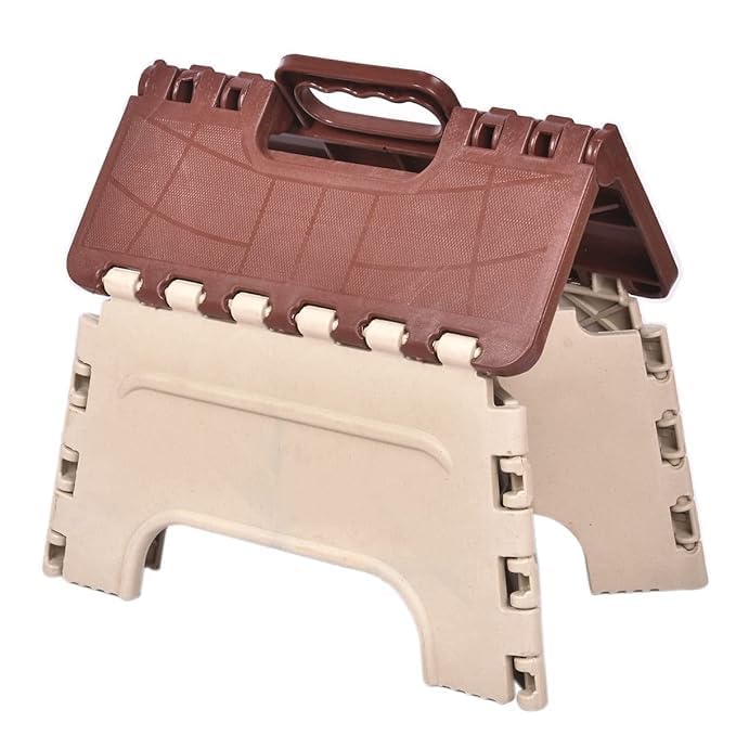 Image of 7 Inches Foldable Plastic Step Stool for Home & Kitchen, Portable Non-Slip Folding Stool, Heavy Duty Multipurpose Foot Rest for Bathroom, Office & Outdoor Use (Brown-Ivory)