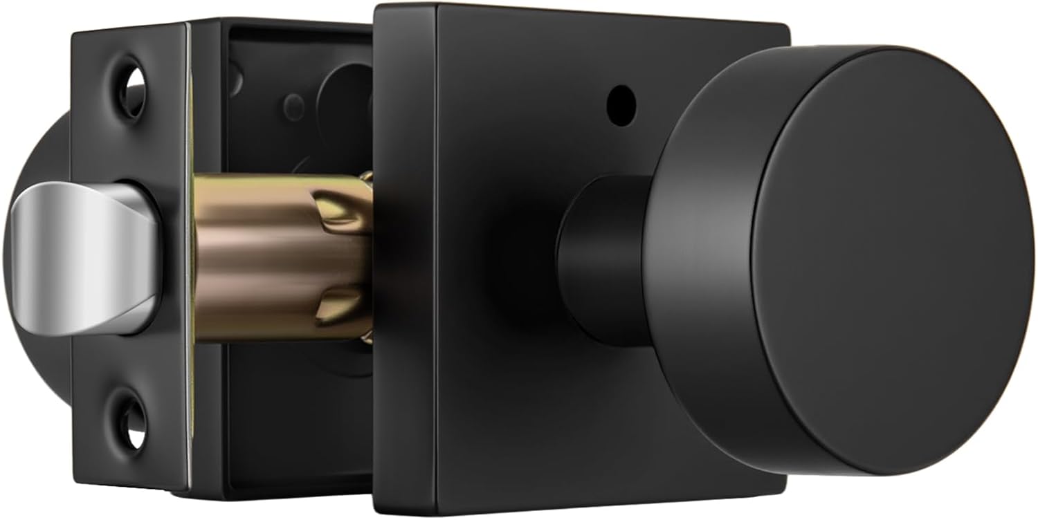 Black Door Knobs Interior, Heavy Duty Interior Door Knob, Square Bathroom/Bedroom Door Knob with Lock, Zinc Alloy Matte Black Indoor DoorKnob (1 Pack)