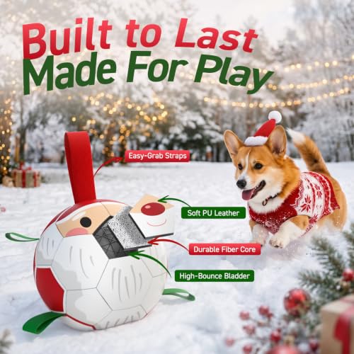 Image of QDAN Christmas Dog Balls with Straps, Soccer Ball for Dogs for Small Medium Breed, Tug Toys for Dog Birthday, 6 Inch Outdoor Dog Toys for Fun