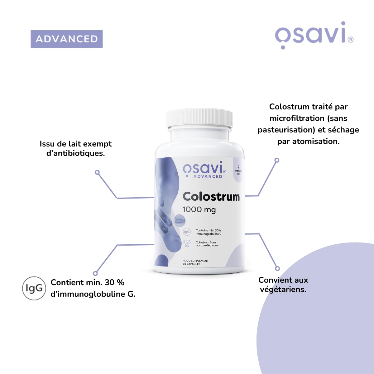 Osavi Colostrum 1000 mg – 180 gélules | Colostrum bovin hautement concentré contenant 30% d'immunoglobulines G | Provenant de vaches Holstein-Friesian | Sans OGM