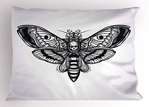 Lunarable Skull Pillow Sham, Dead Moth With Skull Face In Gothic Grunge Style Dark Butterfly Inner Self Journey, Decorative Standard Size Printed Pillowcase, 26" X 20", Black White #TOP26