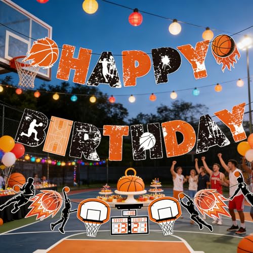 Image of SUNBEAUTY Basketball Happy Birthday Banner Basket Ball Themed Party Decorations Sports Birthday Banner Basketball Party Supplies Slam Dunk Garland Birthday Sign for Kids Teenagers Boys Men