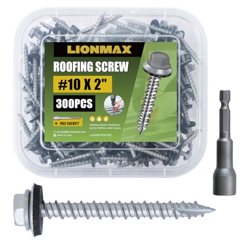 LIONMAX Metal Roofing Screws #10 × 2 Inch, 300-PCS, Rustpert Coating Hex Head Sheet Metal to Wood...