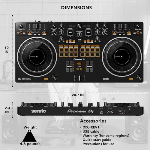 Image of Pioneer DDJ-REV1 Scratch-Style 2-Channel DJ Controller for Serato DJ Lite - Black Bundle with DJ Case and Austin Bazaar Polishing Cloth