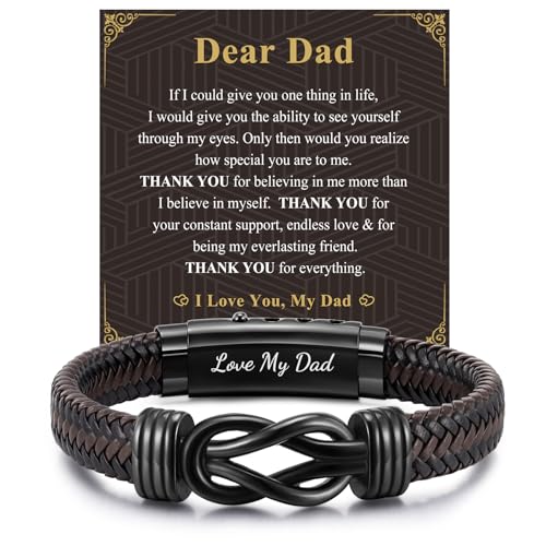 FLHEART Dad Gifts from Daughter Son - Infinity Knot Mens Leather Bracelet Engraved Love My Dad Adjustable Mens Bracelets Present for Fathers Day Birthday Christmas