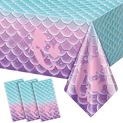 Image of Jectivs 3Pcs Mermaid Birthday Party Tablecloth Decorations,Disposable Plastic Table Cover for Princess Under The Sea Baby Shower Themed Kids Birthday Party Supplies,108x54 Inch
