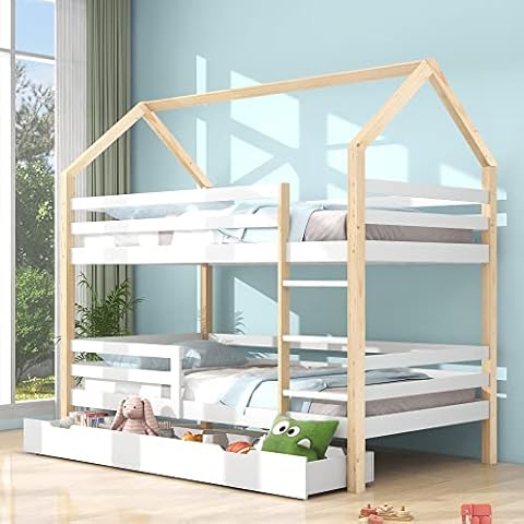 Merax Hochbett 90x200cm, Etagenbett mit Leiter & große Schubladen Stockbett für 2 Kinder mit Rausfallschutz und 2 Lattenrost, Kiefernholz Kinderbett Jugendbett, Doppelbett Hausbett Cover