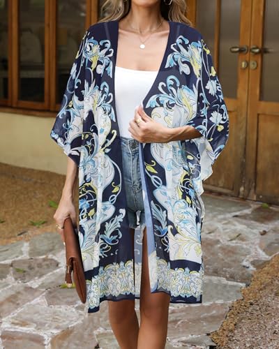 Image of Women's Kimono Swimsuit Coverups Summer Beach Loose Cardigans for Swimwear | CHICGAL Casual Open Front Chiffon Cover Up, 3 /4 Sleeve Lightweight Vacations Outfits 2026, Long Summer Resort Wear