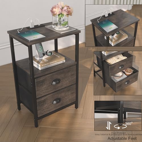 Image of sthmec Nightstand with Charging Station, LED Night Stand with 2 Fabric Drawers, Bedside Tables End Table with Drawers, 2-Tier Storage Side Table Nightstand with Drawers for Bedroom, Black Oak