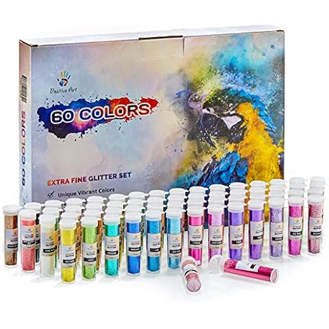 Extra Fine Glitter Set of 60 Vibrant Colors | Color Powder in Leak-Proof Shaker Jars (0.32oz/9g) | Arts & Crafts Glitter Kit Glows Under UV Light | Use for Projects, Slime, Nails, Body, Face & More Cover