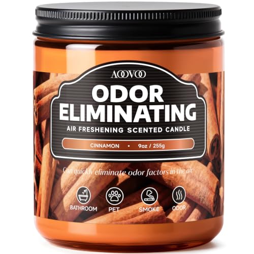 Image of AOOVOO Cinnamon Odor Eliminating Highly Fragranced Candle - Eliminates 95% of Pet, Smoke, Food, and Other Smells Quickly, Non Toxic Air Freshing Soy Candle, 9 oz Up to 50 Hours Burn time