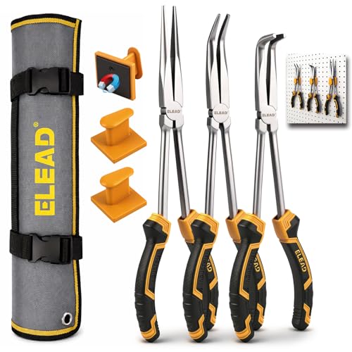 3-Piece 11 Inch Long Reach Pliers Set with 3 Magnetic Plier Racks, Extra Long Needle Nose Pliers Set Includes Straight, 45° & 90° Bent Nose Plier, Pliers Tool Set for Tight Spaces