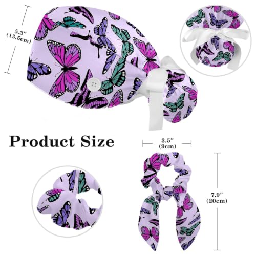 Image of Colored Butterflies Scrub Caps Women Ponytail, Adjustable Bouffant Surgical Caps with Button, Nurse Hats Long Hair