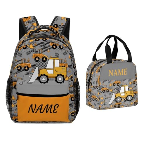 Custom Cartoon Car Truck Kids Backpack with Lunch Box Personalized Name School Bag for Girls Boys Customized 2 Piece Set Bookbag Back to School
