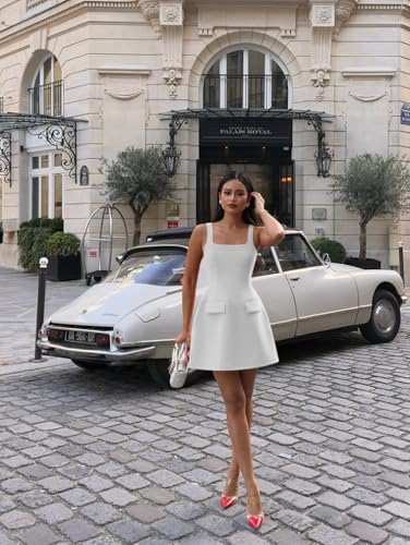 HYZ Women's Summer Sexy Square Neck Sleeveless A-Line Party Tank Top Mini Dress4