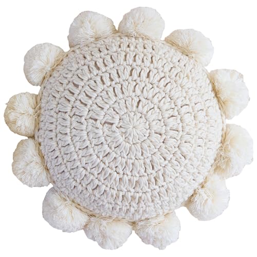 kitletsuit Cojín redondo bohemio con bonitos pompones hechos a mano, borlas, 35 cm, cojín decorativo circular de ganchillo para sofá, silla, cama, beige