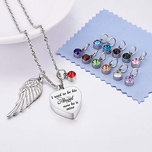Dletay Heart Cremation Necklace for Ashes Angel Wing Urn Necklace with 12 PCS Birthstones-I Used to be His Angel, Now He/She is Mine3