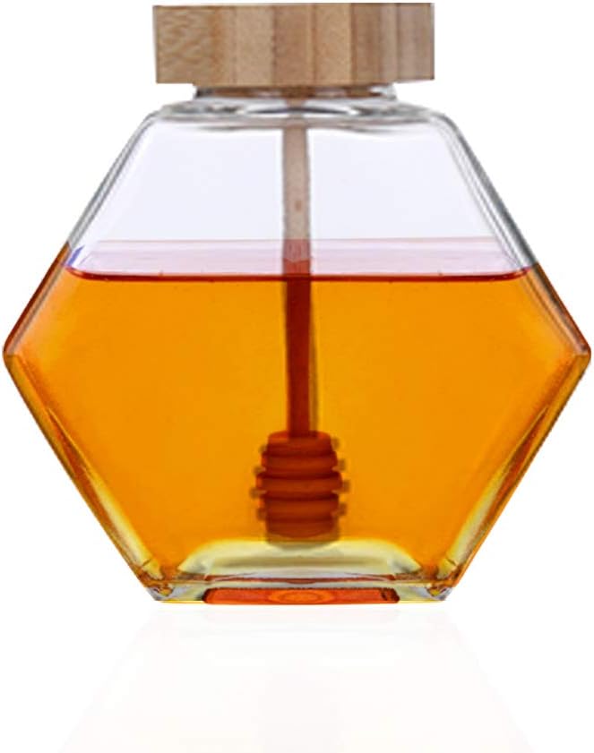 Liitrton Hexagon Shape Honey Pot Jar with Dipper Heat-Resistant Glass Storage Container for Home Kitchen (L)