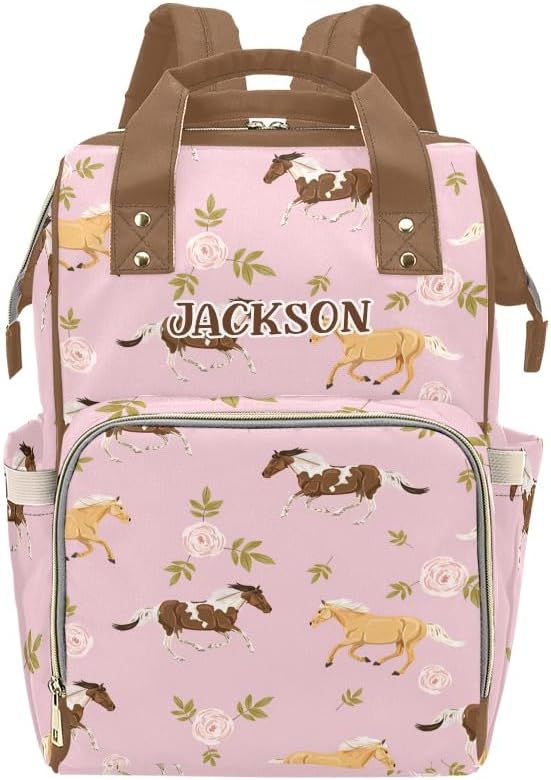 Pink Horses Flowers Personalized Diaper Bag with Name Mommy Bag Customized Baby Tote for Women Multi-Function Travel Backpack Gift for New Mom Dad