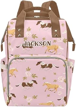Pink Horses Flowers Personalized Diaper Bag with Name Mommy Bag Customized Baby Tote for Women Multi-Function Travel Backpack Gift for New Mom Dad