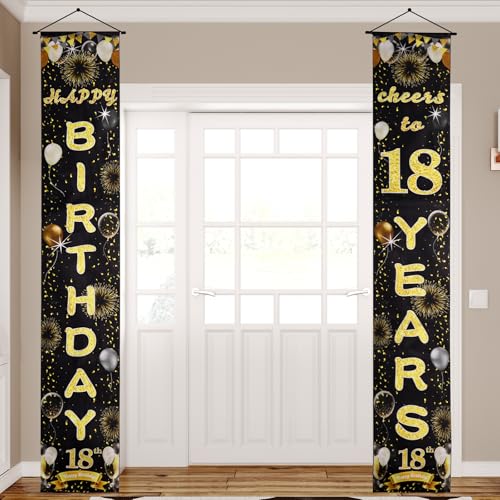 ANOMM Black Gold 18th Birthday Door Banner for Boys Girls - Reusable Party Decorations for Indoor Outdoor Wall Decor 180 * 30cm