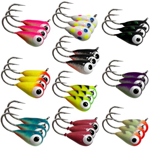 Reaction Tackle Tungsten Ice Fishing Jigs, Tear Drop Jig Heads that Glow with UV Light for Panfish, Crappie, Walleye, Perch, Trout and Bluegill - 30-pcs Variety Pack 3 mm