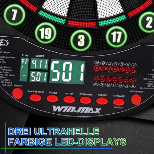 WIN.MAX Elektronische Dartscheibe Profi Set 34 Games mit 354 Varianten 3 Sprachen: Deutsch, Englisch, Französisch Grün und Rot mit Lichtern