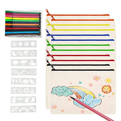 12 Pcs Pochette Tissu Zippée，Trousse a Colorier，Sac en Toile à Fermeture Éclair Colorée，Livré avec 12 Crayons Couleur et Gabaritdessin，Convient...