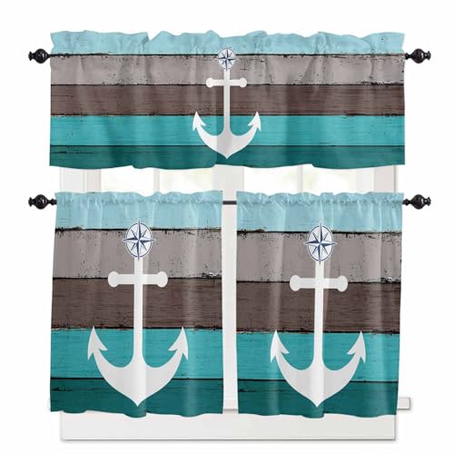Coastal Anchor Kitchen Curtains 36 Inch Length, 3 Piece Rod Pocket Small Half Tiers and Valance Set, Turquoise Brown Country Wooden Grain Small Large Window Treatment Decor for Bedroom/Bathroom Sink