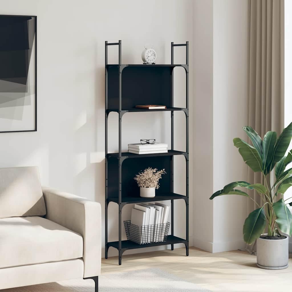 Libreria a 5 ripiani, nero, 60,5 x 24 x 166,5 cm, in legno, acciaio, versatile, per soggiorno, ufficio, camera da letto, cantina, con supporto da parete