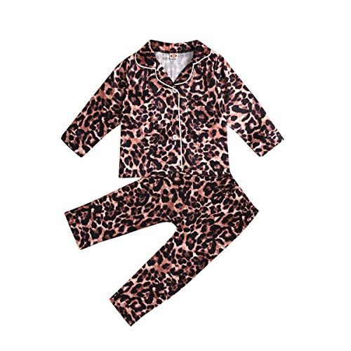 Kids Tddler Baby Satin Pajamas Set Long Sleeve Button Down Top Pants Nightwear Girls Boys Pjs Sleepwear (D-Leopard, 1-2 Years)