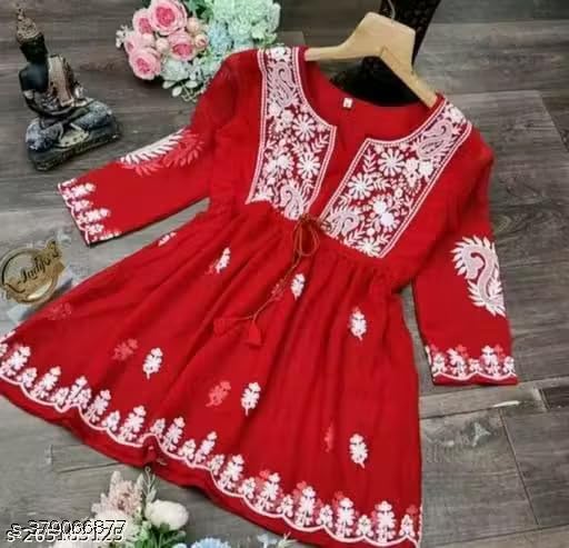 Image of Gauri Laxmi Enterprise Women's Embroidered Georgette Peplum Top | Ethnic Tunic Kurti with Sheer Sleeves | Casual Top for Women