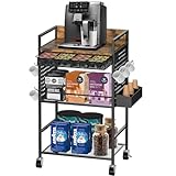 Compact Coffee Bar Cabinet with Power Outlet, Lockable Wheels, and Storage Drawer - Rustic Brown & Black for Office, Living Room, or Small Spaces