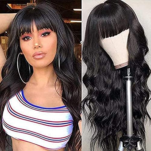 Coisini Body Wave Wig None Lace Front Wigs Human Hair Machine Made Wig Hair 130% Density 18 Inch Human Hair Wigs With Air Bangs Brazilian Virgin Hair Natural Black Color