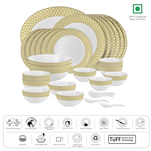 Image of Cello Opalware Divine Goldenpyramid Dinner Set, 33 Units | Microwave & Dishwasher Safe | Light-Weight & Thermal Resistant | Crockery Set for Dining & Gifting