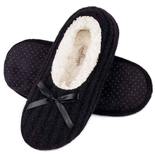 EverFoams Women's Wool-Like Fuzzy Slipper Socks with Grippers Cozy Bow House Slippers with Warm Fleece Lining for Cold Winter (Size 9-10, Black)