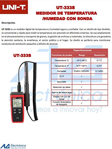 UNI-T UT333S Digital Metro Temperatura y Humedad con Bluetooth, -10° C-60° C/14°F-140°F, 0% RH-100% RH
